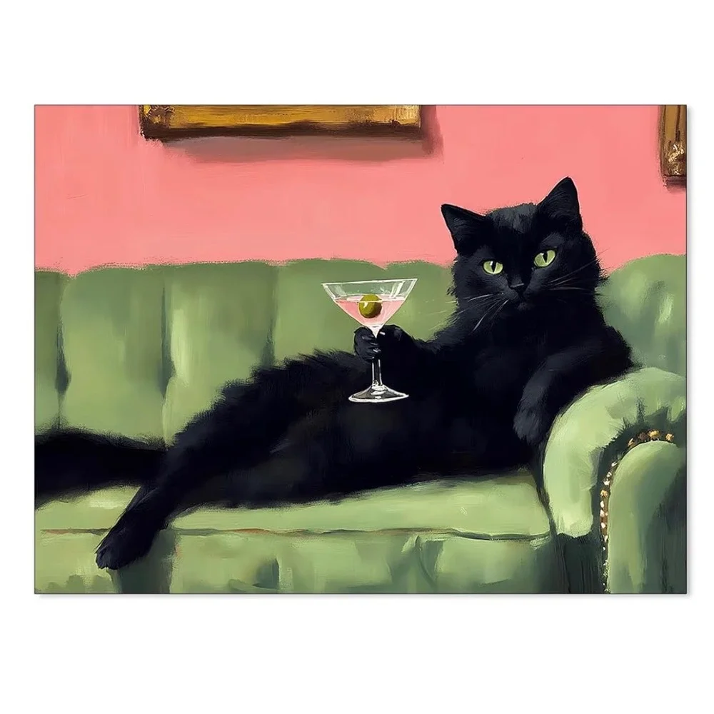 Black Cat Martini Canvas Wall Art Pink Green Whimsical Decor 16x24